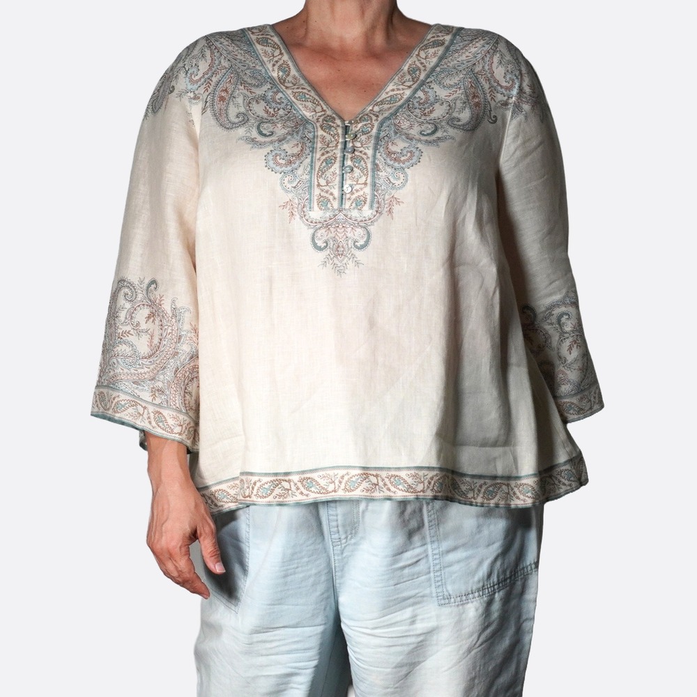 J. Jill 100% Linen Tunic Cream Blue XL 1X 2X Paisley Print Button V-Neck Top